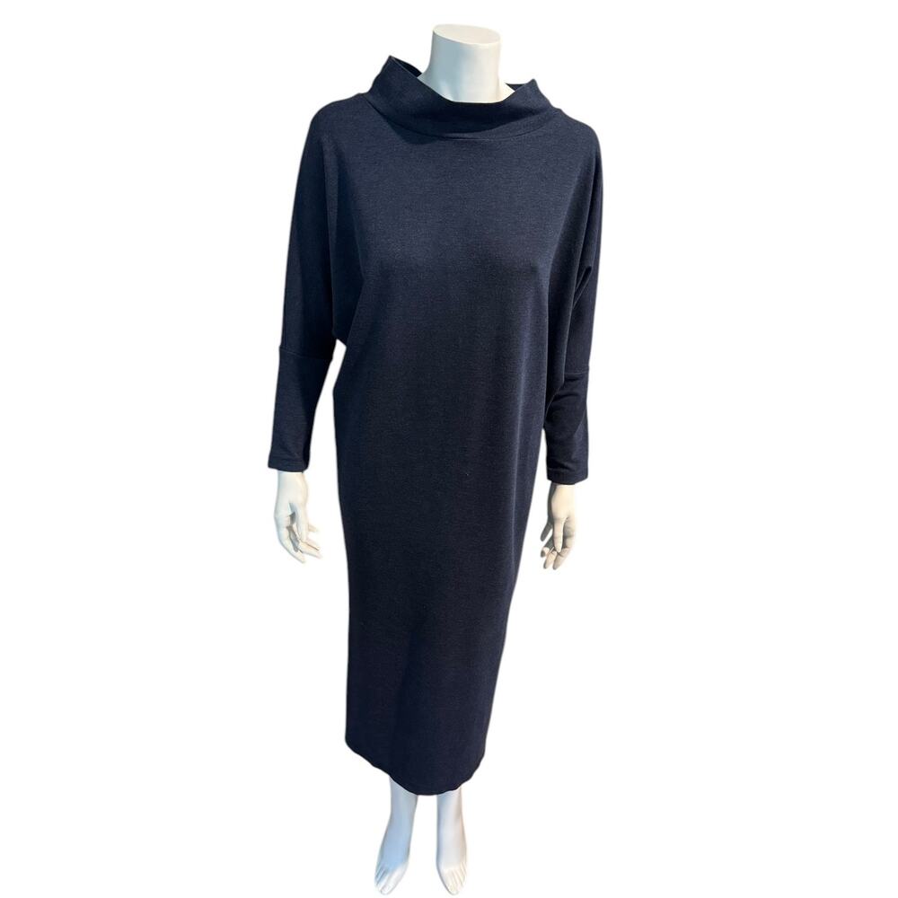 Bryn Walker Batwing Sleeve Jersey Knit Funnel Neck Midi Dress Dark Blue Small